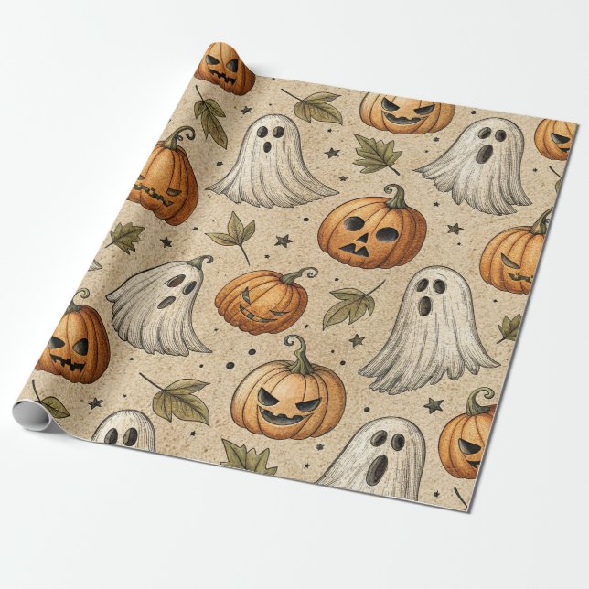 Vintage Ghosts & Pumpkins Halloween Pattern Wrapping Paper (Unrolled)