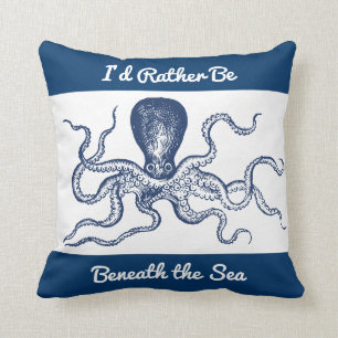 Vintage Giant Octopus Scuba Diver Blue and White Cushion