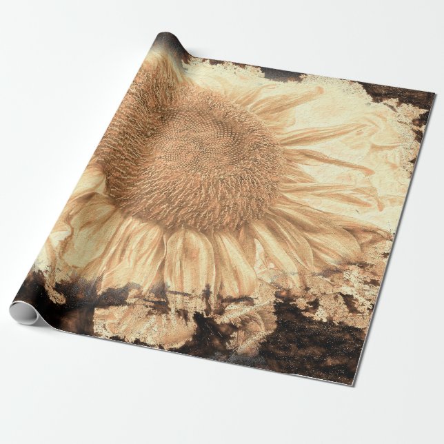 Vintage Giant Sunflowers Painted Rustic Vignette Wrapping Paper (Unrolled)