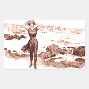 Vintage Gibson Girl Beach Mermaid Bathing Beauty Rectangular Sticker