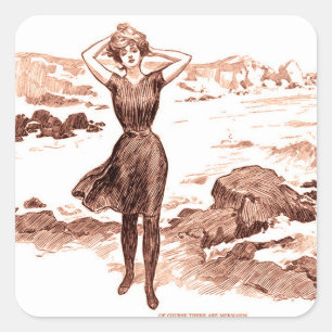 Vintage Gibson Girl Beach Mermaid Bathing Beauty Square Sticker