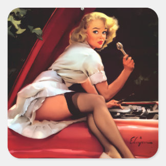 Vintage Gil Elvgren Retro Car Mechanic Pin Up Girl Square Sticker