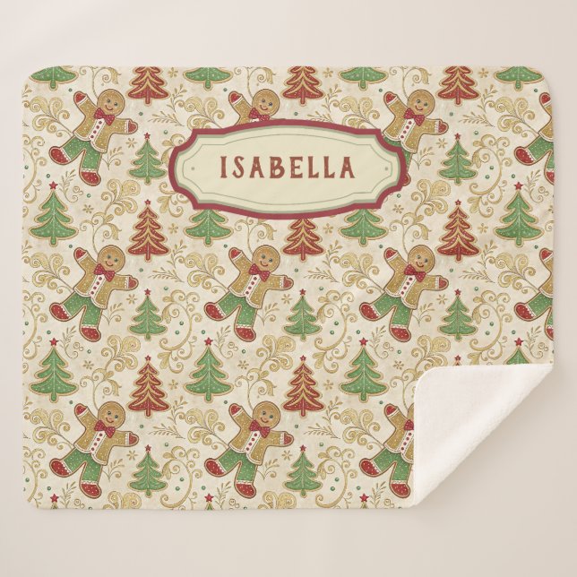 Vintage Gingerbread Man & Christmas Trees Custom  Sherpa Blanket (Front (Horizontal))
