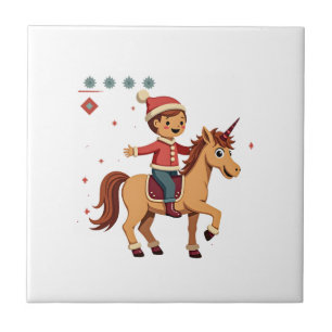 Vintage Gingerbread Man Riding Unicorn Christmas U Ceramic Tile