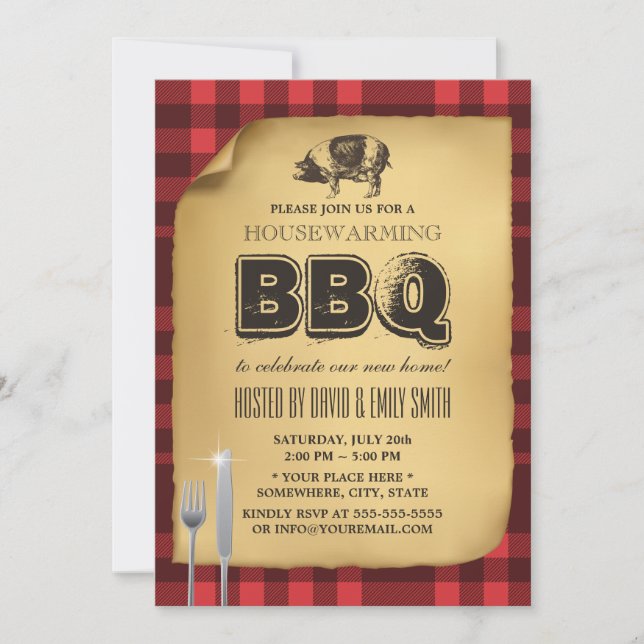 Vintage Gingham Pig Roast Housewarming BBQ Invitation (Front)