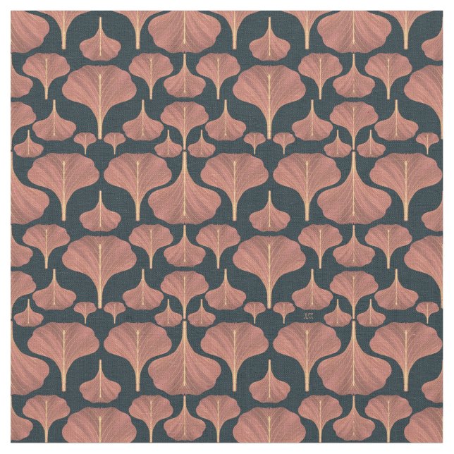 Vintage Gingko Black Floral Pattern Fabric (Close Up)