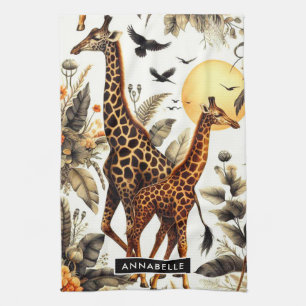 Vintage Giraffe Floral Watercolor Tea Towel