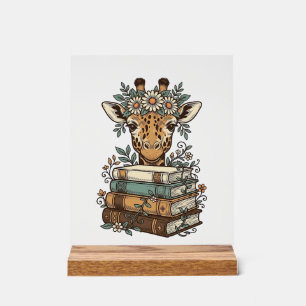 Vintage Giraffe Reading Books Floral Shirt Design_ Acrylic Sign