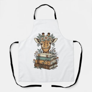 Vintage Giraffe Reading Books Floral Shirt Design_ Apron