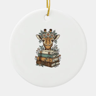 Vintage Giraffe Reading Books Floral Shirt Design_ Ceramic Ornament