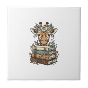 Vintage Giraffe Reading Books Floral Shirt Design_ Ceramic Tile