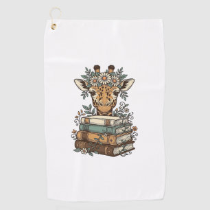 Vintage Giraffe Reading Books Floral Shirt Design_ Golf Towel