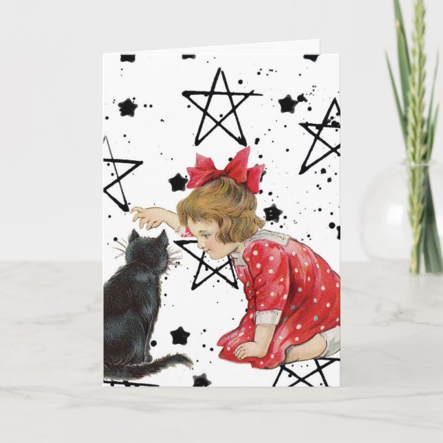 Vintage Girl and Black Cat Halloween Holiday Card (Front)