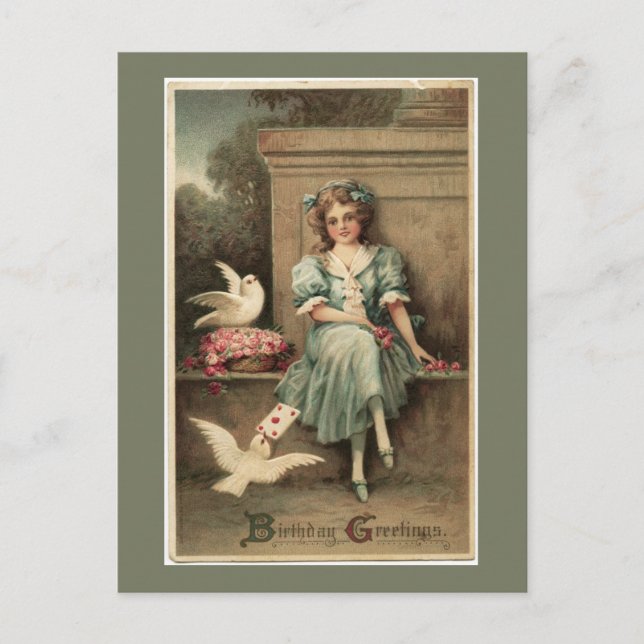 Vintage Girl and Doves Birthday Greeting Postcard (Front)