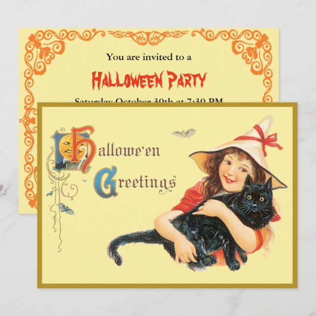 Vintage Girl And Her Cat Halloween Invitation (Front/Back)