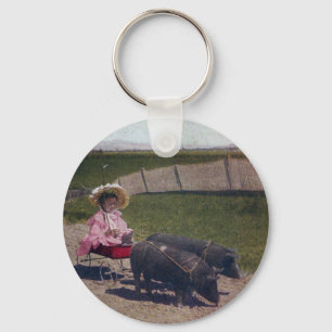 Vintage Girl and Her Pet Pigs Key Ring