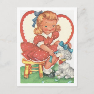 Vintage Girl And Poodle Valentine Holiday Postcard
