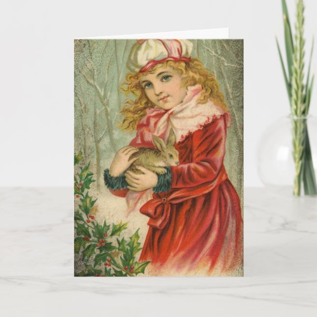 Vintage Girl and Rabbit, Christmas Holiday Card (Front)