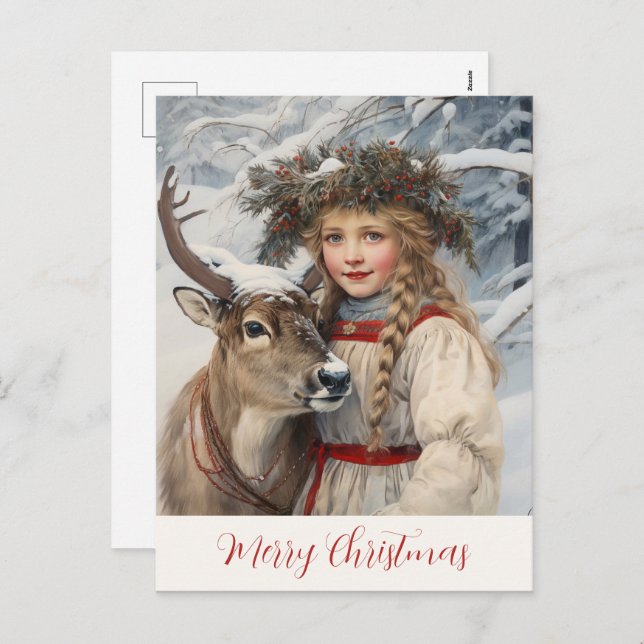 Vintage Girl and Reindeer Christmas Card (Front/Back)