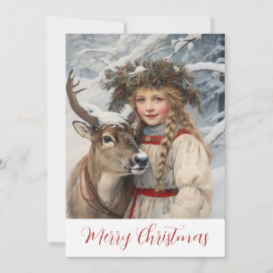 Vintage Girl and Reindeer Christmas Card
