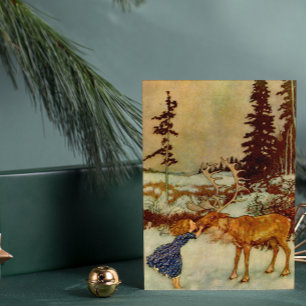 Vintage Girl and Reindeer Enchanted Winter Postcard