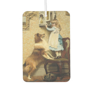 Vintage Girl and Sheltie Dog Art Secret Place Car Air Freshener