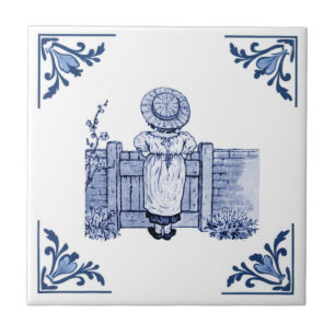 Vintage Girl at Gate Delft Corner Blue and White Ceramic Tile
