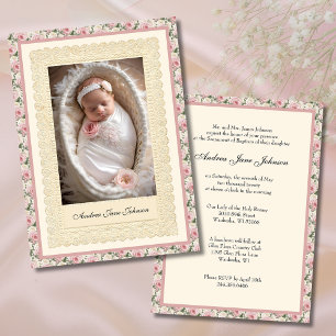 Vintage Girl Baptism Pink Roses Photo Invitation