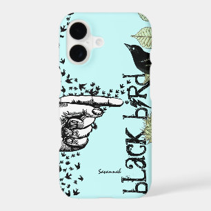 Vintage Girl Blue Green Floral Black Bird