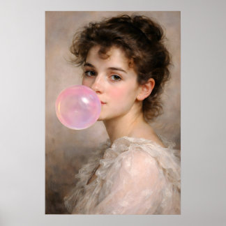 Vintage Girl Bubblegum Portrait Poster, Surreal Poster