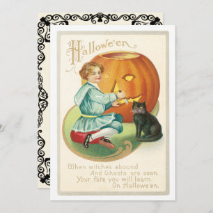 Vintage Girl Carving A Pumpkin Halloween Invitation