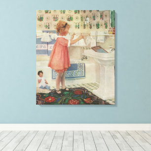 Vintage Girl, Child Doing Laundry Hanging Clothes Canvas Print