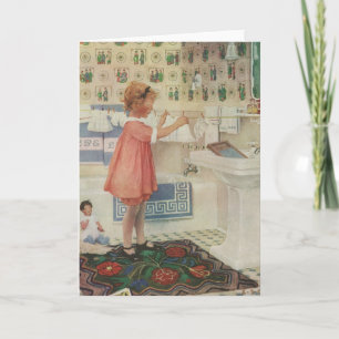 Vintage Girl, Child Doing Laundry Hanging Clothes Card