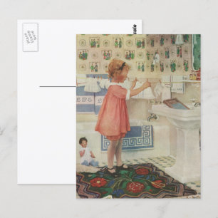 Vintage Girl, Child Doing Laundry Hanging Clothes Postcard