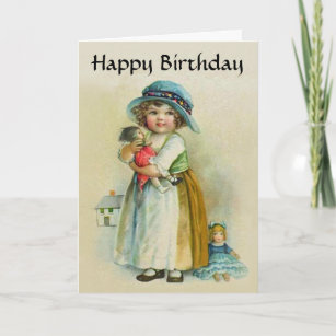 Vintage Girl Chubby Cheeks Hat Dolls Birthday Card