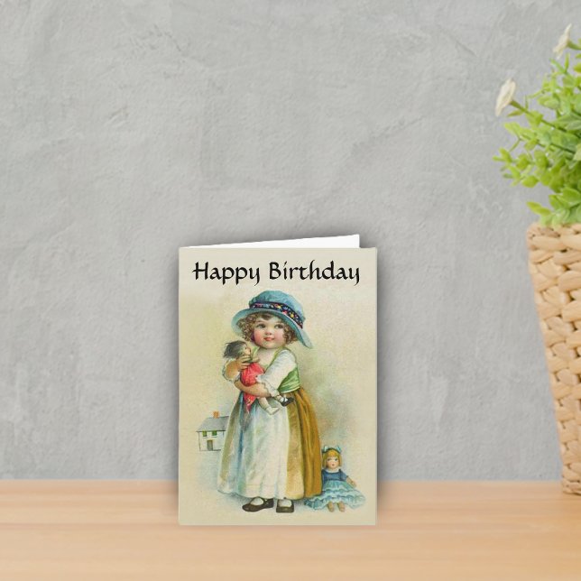 Vintage Girl Chubby Cheeks Hat Dolls Birthday Card (Cute Victorian little girl with dolls chubby cheeks on Happy Birthday greeting card.)