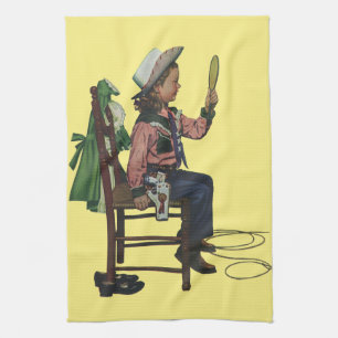 Vintage Girl Cowgirl Looking Mirror She's so Vain Tea Towel