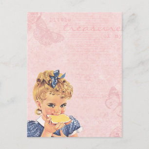 Vintage Girl Eating Bread Christmas Holiday Postcard