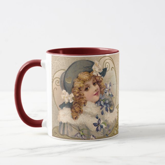 VINTAGE GIRL,FLOWERS,VALENTINES DAY ,RED WAX SEAL MUG (Left)