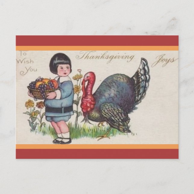 Vintage Girl Fruit Basket Turkey Thanksgiving Postcard (Front)