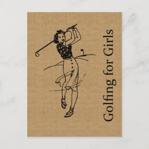 Vintage Girl Golfer on Faux Burlap Decorative Postcard