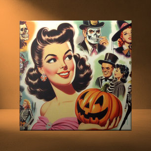Vintage Girl Halloween Illustration Ceramic Tile