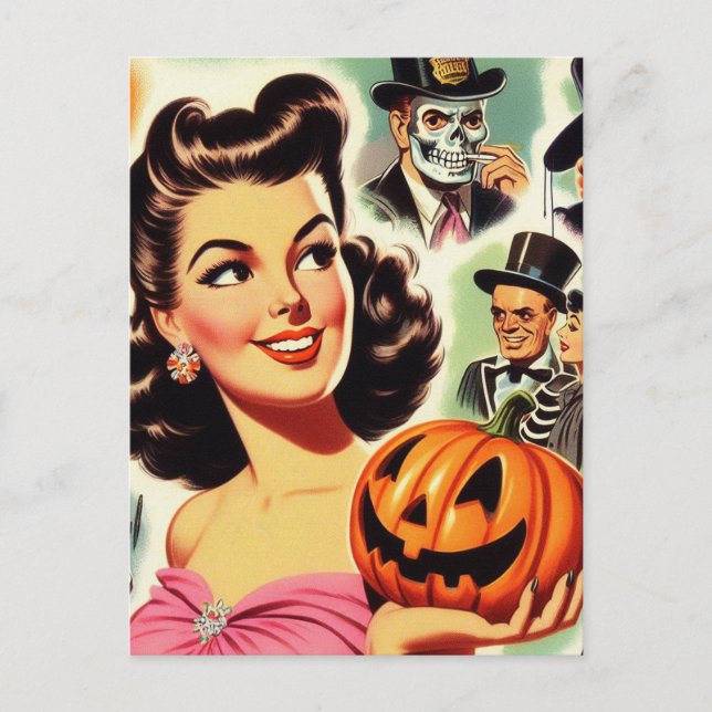 Vintage Girl Halloween Illustration Postcard (Front)