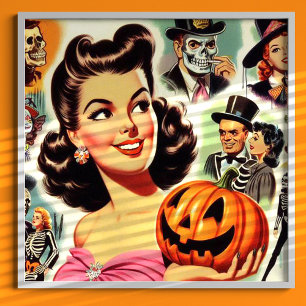 Vintage Girl Halloween Illustration Poster