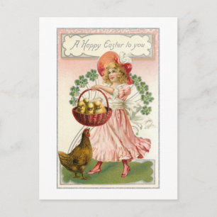 Vintage Girl, Hen, Shamrocks & Easter Wishes Postcard