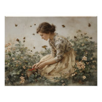 Vintage Girl In Bloom Garden Art