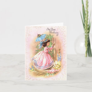 Vintage Girl in Pink Dress Birthday Card