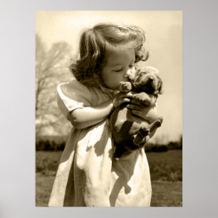 Vintage Girl Kisses Puppy Poster