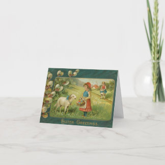 Vintage Girl Lamb Easter Holiday Card
