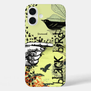Vintage Girl Mint Black Bird Pattern iPhone 16 Plus Case